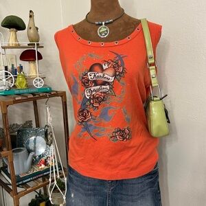 Biker Grunge Coral Orange Harley Davidson Graphic Tank Top w Grommet Neckline